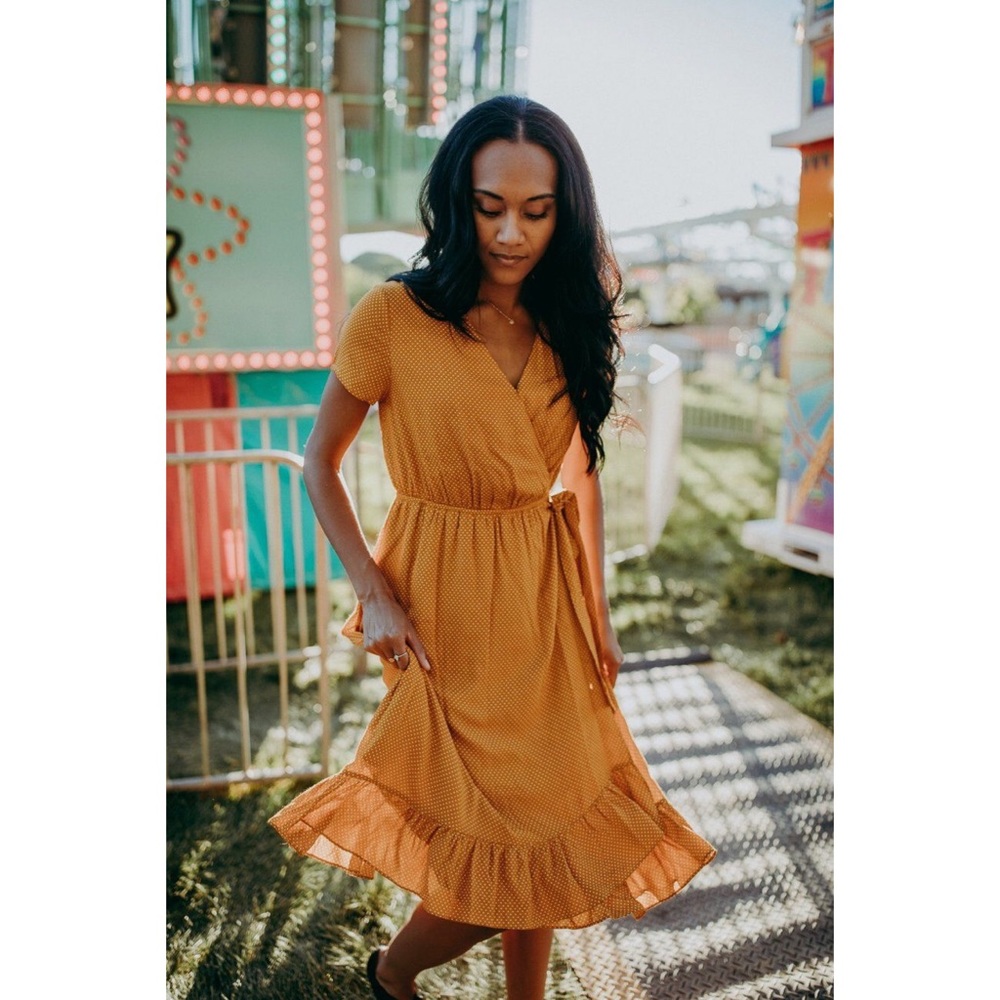 Piper & Scoot, Castleford Ruffle Faux Wrap Dress in Gold